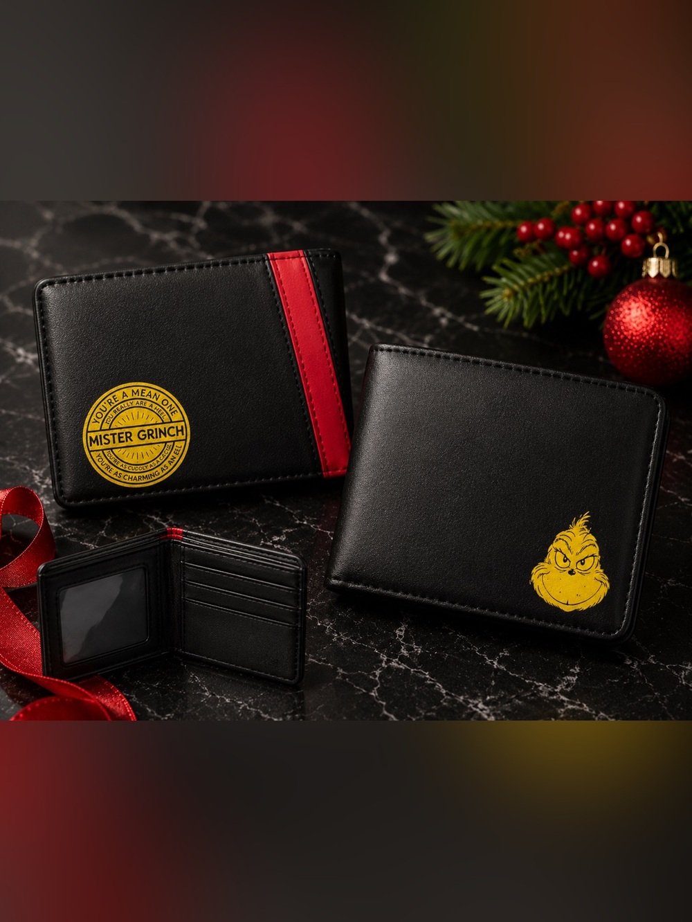 Bioworld Dr. Seuss The Grinch Black Red Bifold Wallet ID Window Card Holder
